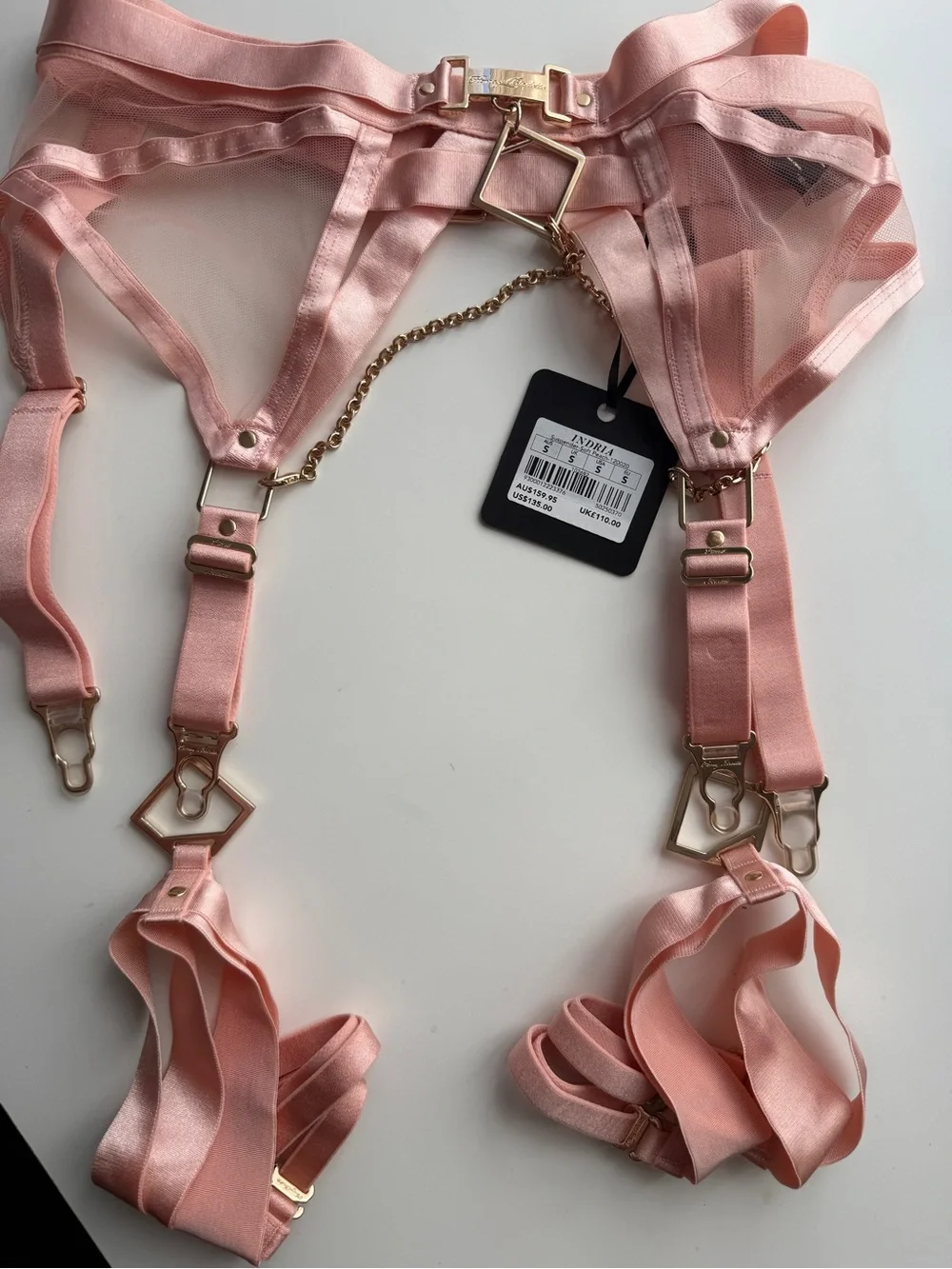 New Honey birdette Indria Suspender Luxury Pink Strappy Garter Belt Chain size S